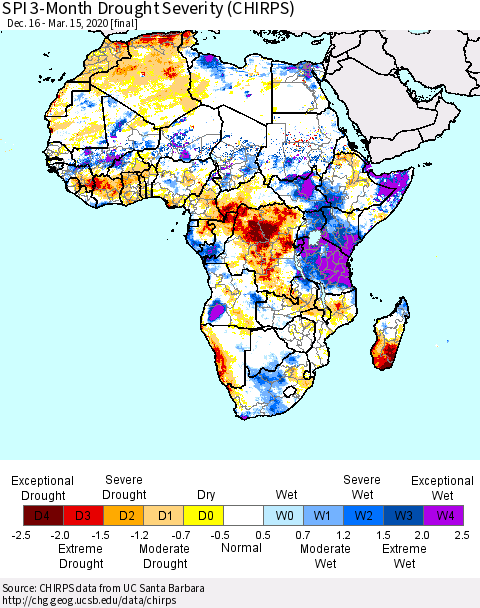 Africa SPI 3-Month Drought Severity (CHIRPS) Thematic Map For 12/16/2019 - 3/15/2020