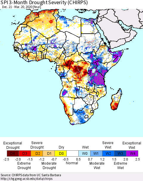 Africa SPI 3-Month Drought Severity (CHIRPS) Thematic Map For 12/21/2019 - 3/20/2020