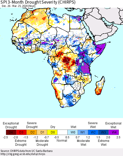 Africa SPI 3-Month Drought Severity (CHIRPS) Thematic Map For 12/26/2019 - 3/25/2020