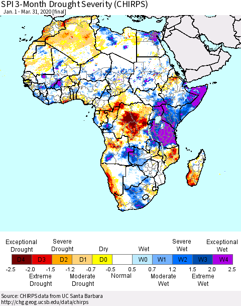 Africa SPI 3-Month Drought Severity (CHIRPS) Thematic Map For 1/1/2020 - 3/31/2020
