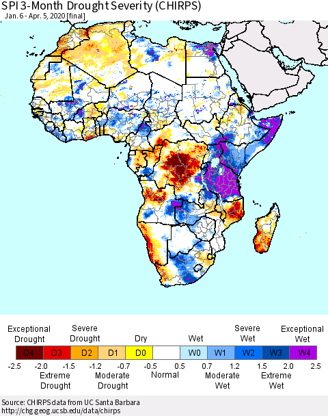 Africa SPI 3-Month Drought Severity (CHIRPS) Thematic Map For 1/6/2020 - 4/5/2020