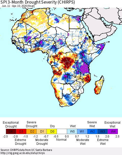 Africa SPI 3-Month Drought Severity (CHIRPS) Thematic Map For 1/11/2020 - 4/10/2020
