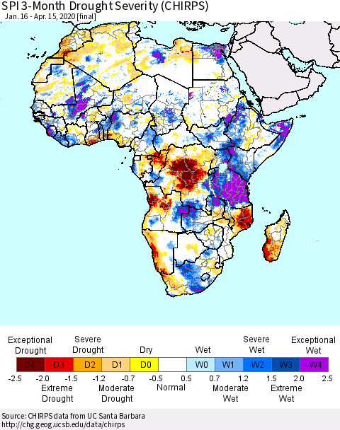 Africa SPI 3-Month Drought Severity (CHIRPS) Thematic Map For 1/16/2020 - 4/15/2020