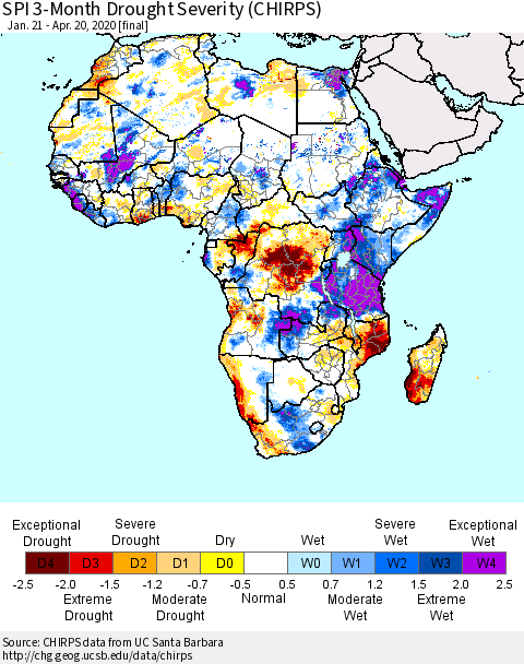 Africa SPI 3-Month Drought Severity (CHIRPS) Thematic Map For 1/21/2020 - 4/20/2020