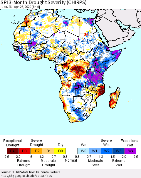 Africa SPI 3-Month Drought Severity (CHIRPS) Thematic Map For 1/26/2020 - 4/25/2020