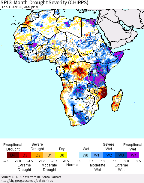 Africa SPI 3-Month Drought Severity (CHIRPS) Thematic Map For 2/1/2020 - 4/30/2020