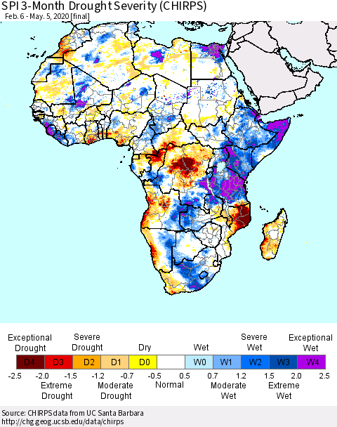 Africa SPI 3-Month Drought Severity (CHIRPS) Thematic Map For 2/6/2020 - 5/5/2020