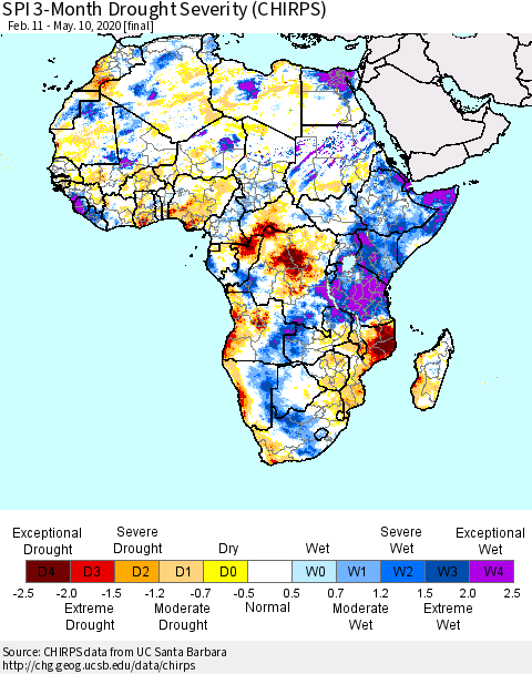 Africa SPI 3-Month Drought Severity (CHIRPS) Thematic Map For 2/11/2020 - 5/10/2020