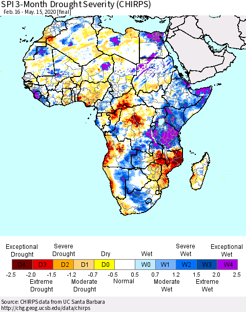 Africa SPI 3-Month Drought Severity (CHIRPS) Thematic Map For 2/16/2020 - 5/15/2020