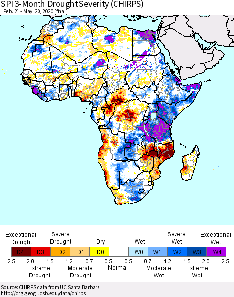 Africa SPI 3-Month Drought Severity (CHIRPS) Thematic Map For 2/21/2020 - 5/20/2020