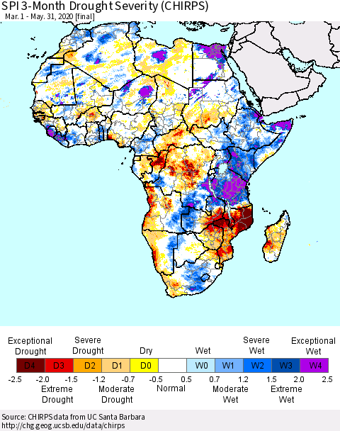 Africa SPI 3-Month Drought Severity (CHIRPS) Thematic Map For 3/1/2020 - 5/31/2020