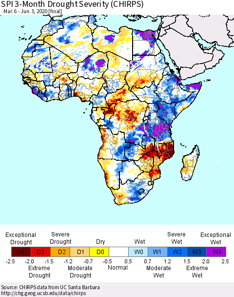 Africa SPI 3-Month Drought Severity (CHIRPS) Thematic Map For 3/6/2020 - 6/5/2020