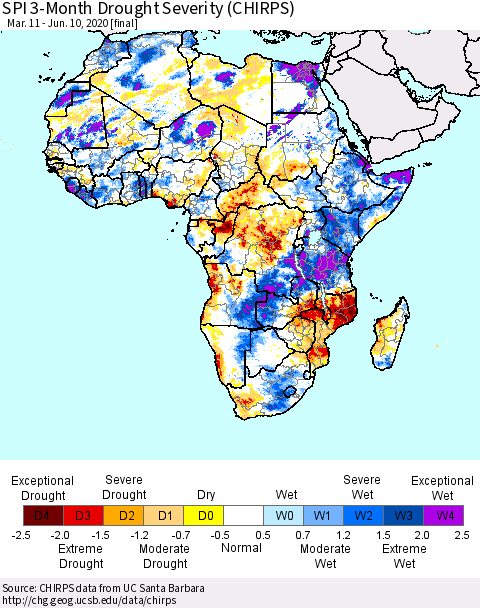 Africa SPI 3-Month Drought Severity (CHIRPS) Thematic Map For 3/11/2020 - 6/10/2020