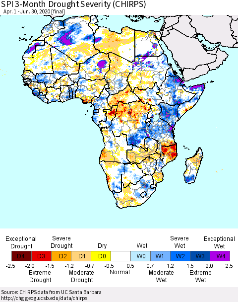 Africa SPI 3-Month Drought Severity (CHIRPS) Thematic Map For 4/1/2020 - 6/30/2020