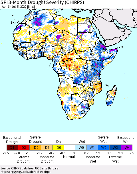 Africa SPI 3-Month Drought Severity (CHIRPS) Thematic Map For 4/6/2020 - 7/5/2020