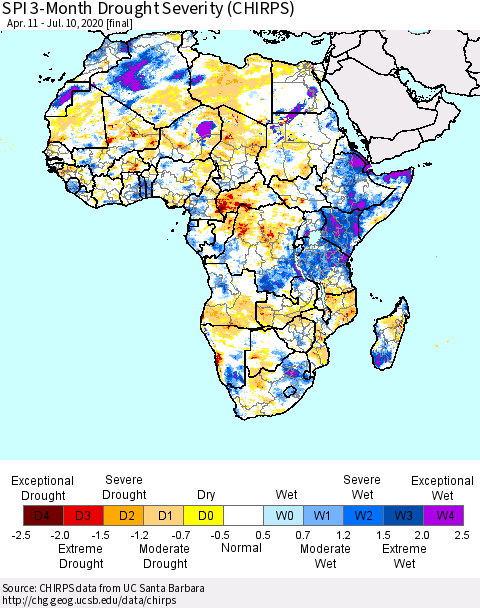 Africa SPI 3-Month Drought Severity (CHIRPS) Thematic Map For 4/11/2020 - 7/10/2020