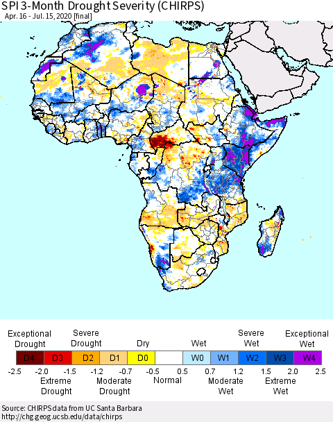 Africa SPI 3-Month Drought Severity (CHIRPS) Thematic Map For 4/16/2020 - 7/15/2020