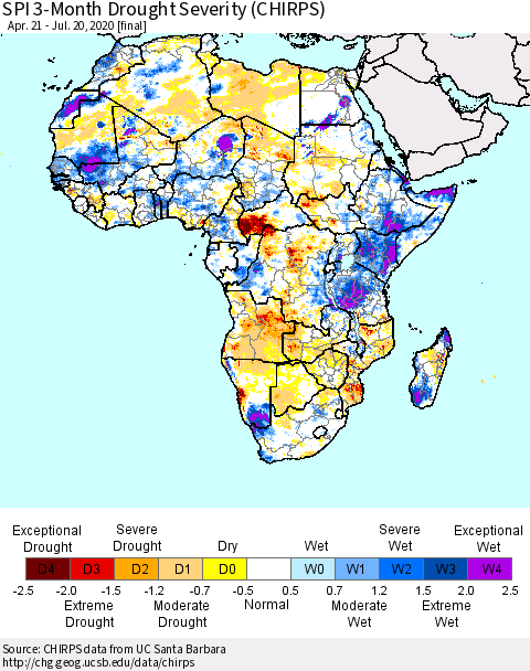 Africa SPI 3-Month Drought Severity (CHIRPS) Thematic Map For 4/21/2020 - 7/20/2020