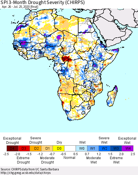 Africa SPI 3-Month Drought Severity (CHIRPS) Thematic Map For 4/26/2020 - 7/25/2020