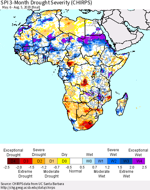 Africa SPI 3-Month Drought Severity (CHIRPS) Thematic Map For 5/6/2020 - 8/5/2020