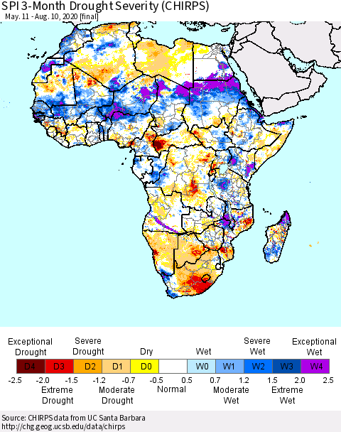 Africa SPI 3-Month Drought Severity (CHIRPS) Thematic Map For 5/11/2020 - 8/10/2020
