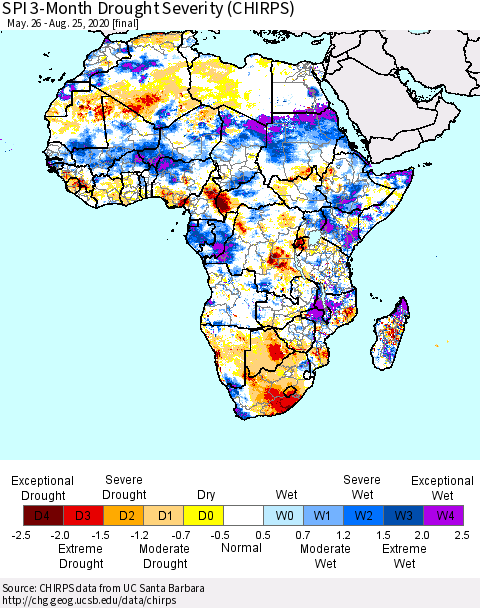Africa SPI 3-Month Drought Severity (CHIRPS) Thematic Map For 5/26/2020 - 8/25/2020
