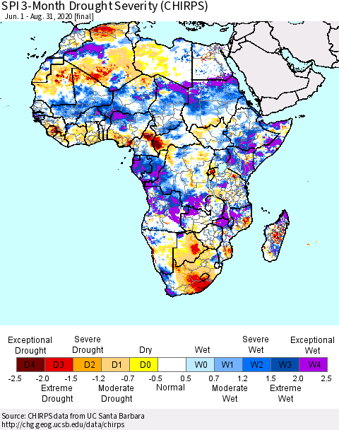 Africa SPI 3-Month Drought Severity (CHIRPS) Thematic Map For 6/1/2020 - 8/31/2020