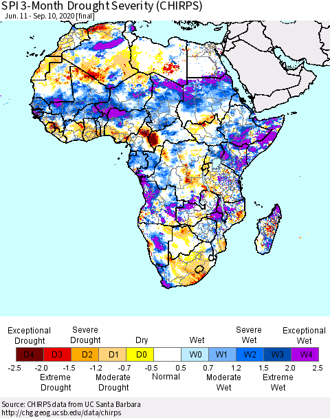 Africa SPI 3-Month Drought Severity (CHIRPS) Thematic Map For 6/11/2020 - 9/10/2020