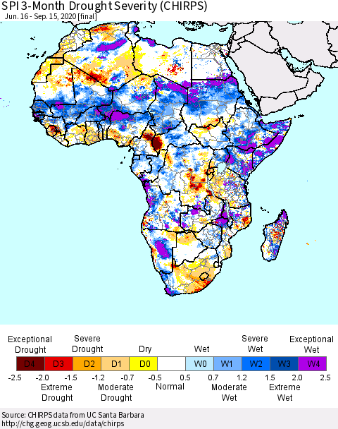 Africa SPI 3-Month Drought Severity (CHIRPS) Thematic Map For 6/16/2020 - 9/15/2020