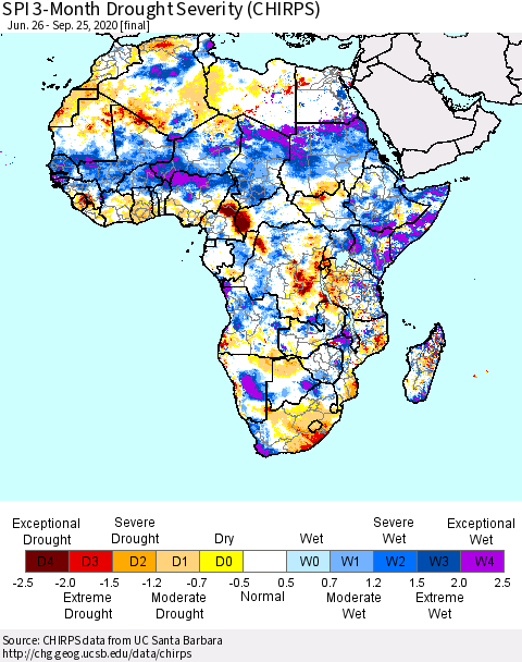 Africa SPI 3-Month Drought Severity (CHIRPS) Thematic Map For 6/26/2020 - 9/25/2020