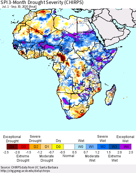 Africa SPI 3-Month Drought Severity (CHIRPS) Thematic Map For 7/1/2020 - 9/30/2020