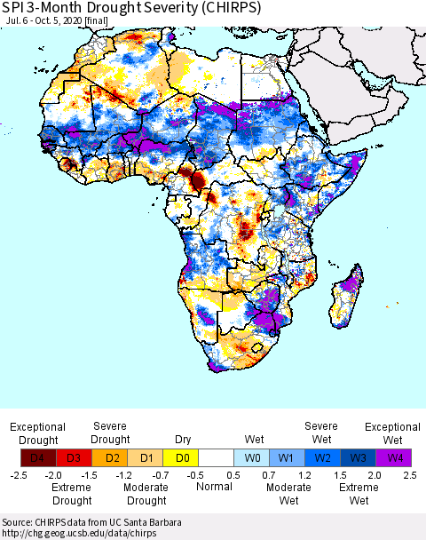 Africa SPI 3-Month Drought Severity (CHIRPS) Thematic Map For 7/6/2020 - 10/5/2020