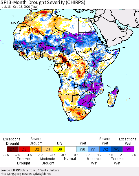 Africa SPI 3-Month Drought Severity (CHIRPS) Thematic Map For 7/16/2020 - 10/15/2020
