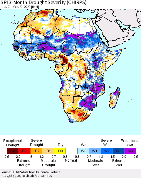Africa SPI 3-Month Drought Severity (CHIRPS) Thematic Map For 7/21/2020 - 10/20/2020