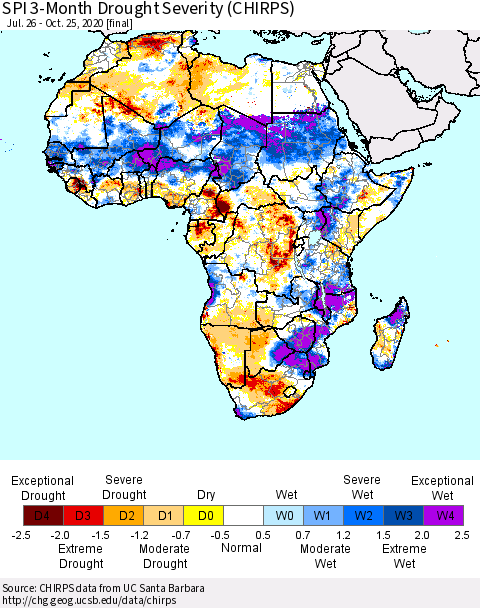 Africa SPI 3-Month Drought Severity (CHIRPS) Thematic Map For 7/26/2020 - 10/25/2020