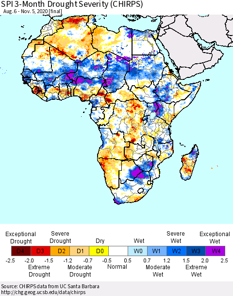 Africa SPI 3-Month Drought Severity (CHIRPS) Thematic Map For 8/6/2020 - 11/5/2020