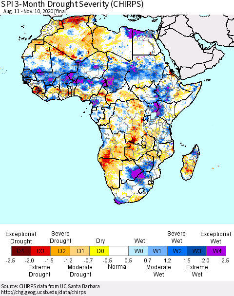 Africa SPI 3-Month Drought Severity (CHIRPS) Thematic Map For 8/11/2020 - 11/10/2020