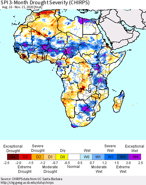 Africa SPI 3-Month Drought Severity (CHIRPS) Thematic Map For 8/16/2020 - 11/15/2020