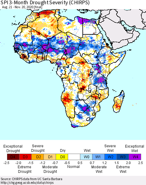 Africa SPI 3-Month Drought Severity (CHIRPS) Thematic Map For 8/21/2020 - 11/20/2020