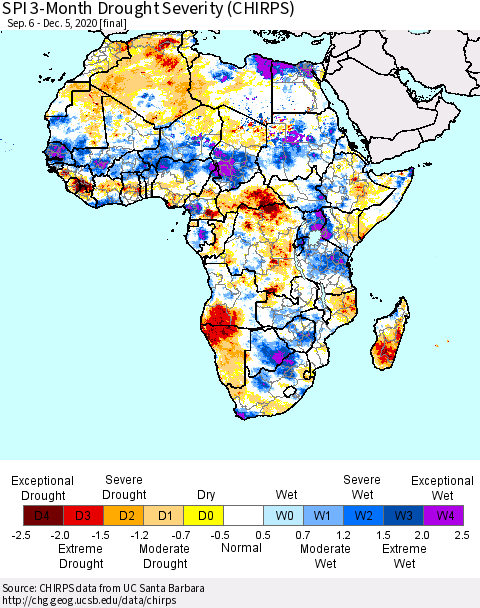 Africa SPI 3-Month Drought Severity (CHIRPS) Thematic Map For 9/6/2020 - 12/5/2020