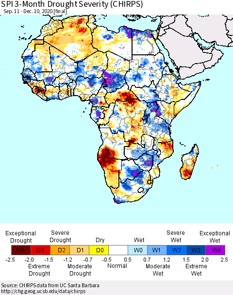 Africa SPI 3-Month Drought Severity (CHIRPS) Thematic Map For 9/11/2020 - 12/10/2020