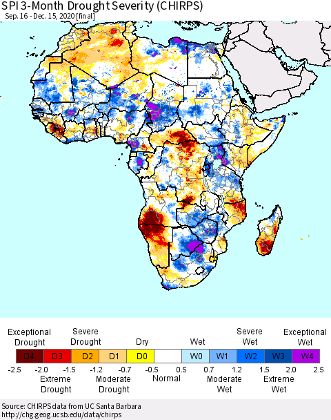 Africa SPI 3-Month Drought Severity (CHIRPS) Thematic Map For 9/16/2020 - 12/15/2020