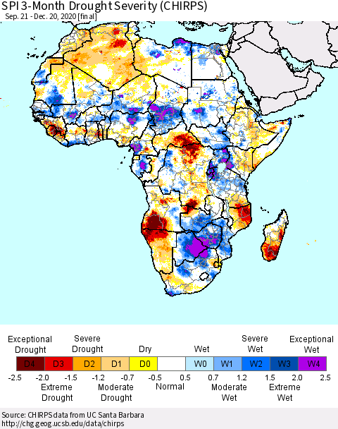 Africa SPI 3-Month Drought Severity (CHIRPS) Thematic Map For 9/21/2020 - 12/20/2020