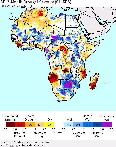 Africa SPI 3-Month Drought Severity (CHIRPS) Thematic Map For 9/26/2020 - 12/25/2020