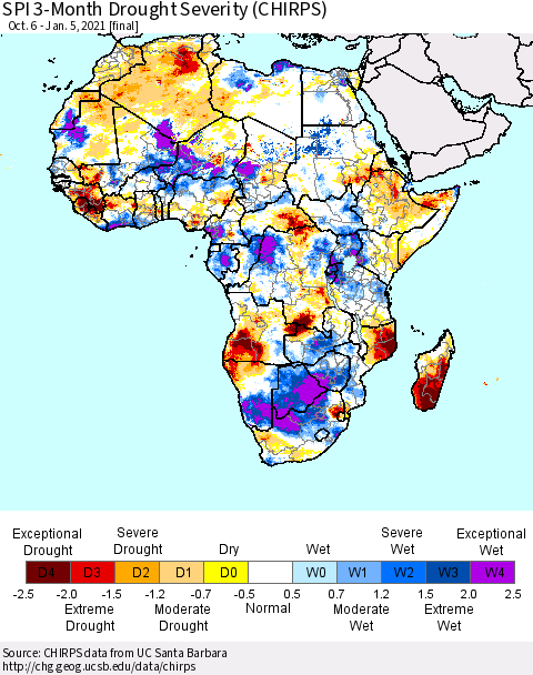 Africa SPI 3-Month Drought Severity (CHIRPS) Thematic Map For 10/6/2020 - 1/5/2021