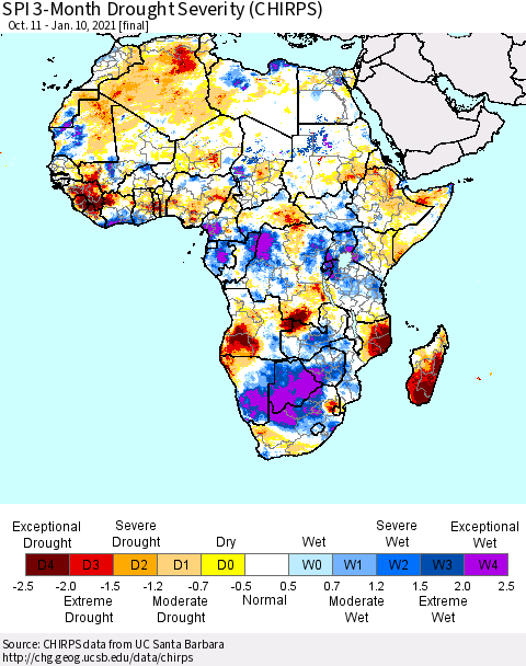 Africa SPI 3-Month Drought Severity (CHIRPS) Thematic Map For 10/11/2020 - 1/10/2021