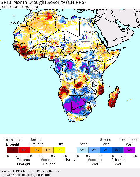 Africa SPI 3-Month Drought Severity (CHIRPS) Thematic Map For 10/16/2020 - 1/15/2021