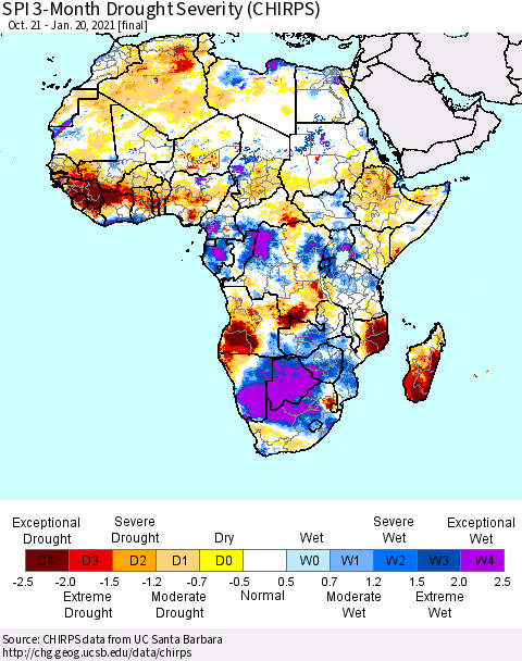 Africa SPI 3-Month Drought Severity (CHIRPS) Thematic Map For 10/21/2020 - 1/20/2021