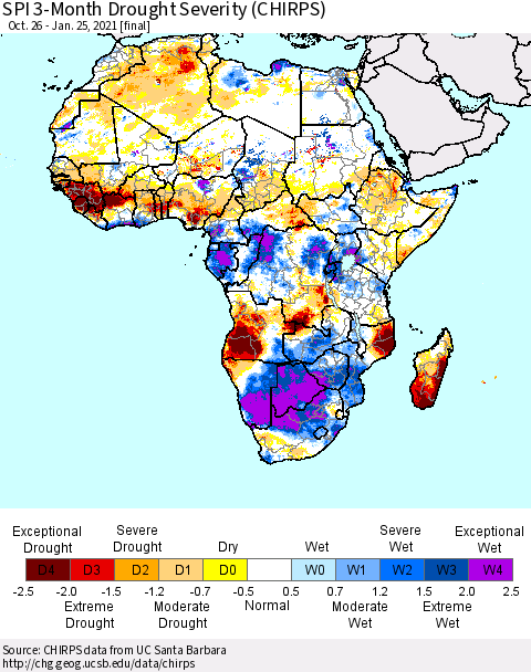 Africa SPI 3-Month Drought Severity (CHIRPS) Thematic Map For 10/26/2020 - 1/25/2021