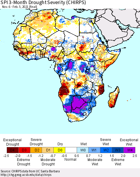 Africa SPI 3-Month Drought Severity (CHIRPS) Thematic Map For 11/6/2020 - 2/5/2021